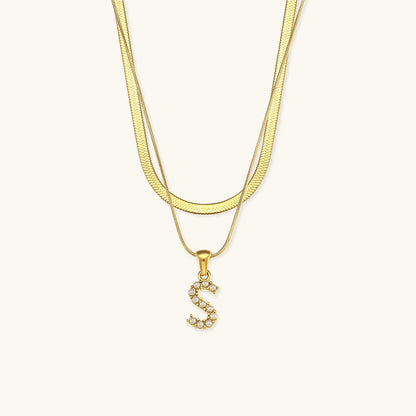 Layered Initial Letter Necklace | 18k Gold with Freshwater Pearls 26