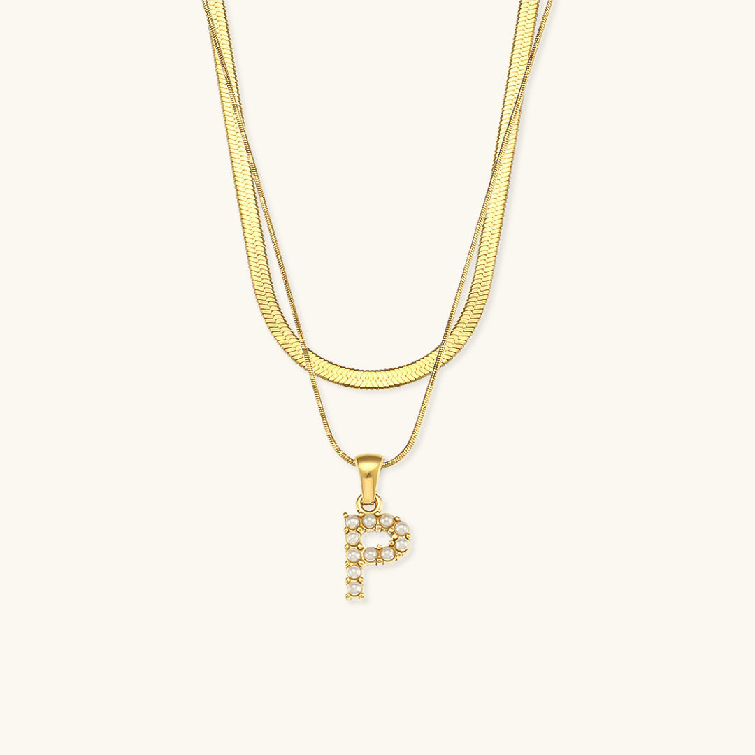 Layered Initial Letter Necklace | 18k Gold with Freshwater Pearls 27