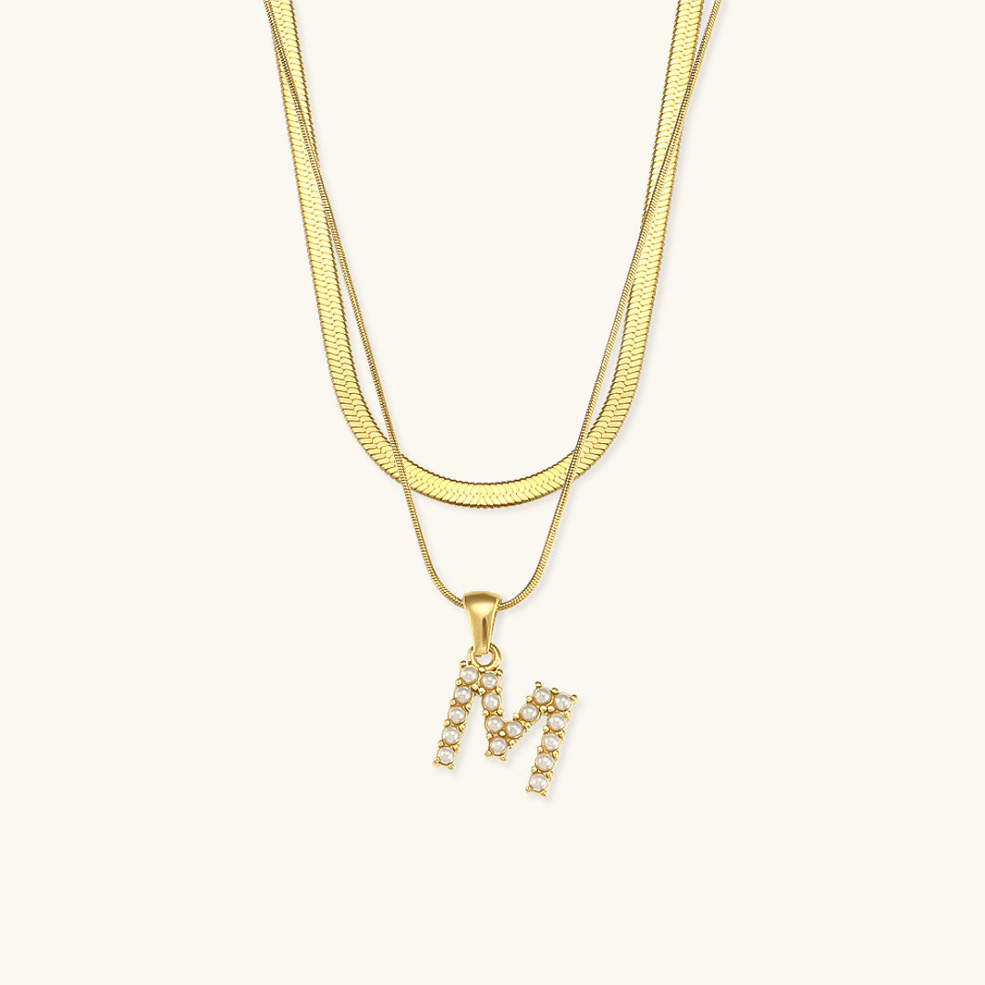 Layered Initial Letter Necklace | 18k Gold with Freshwater Pearls 28