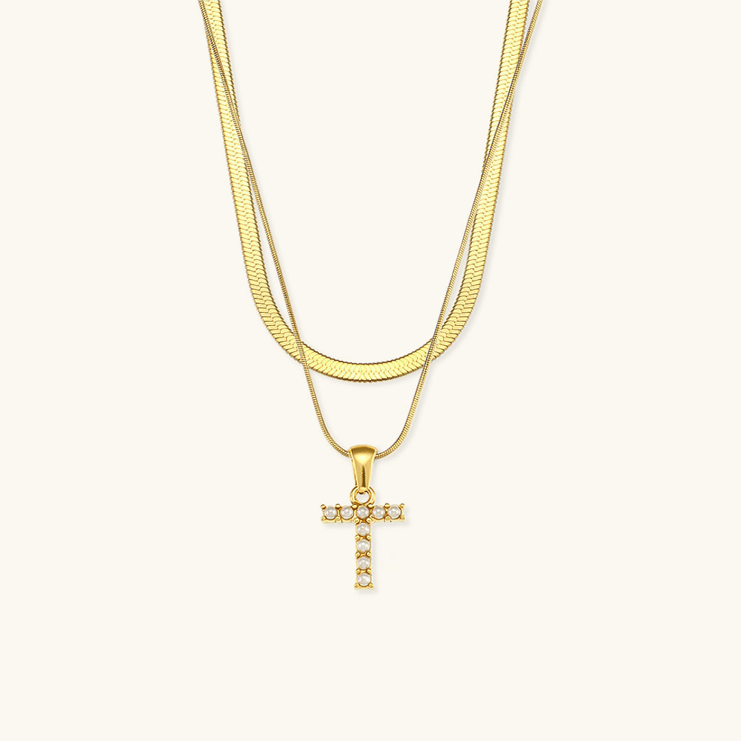 Layered Initial Letter Necklace | 18k Gold with Freshwater Pearls 29