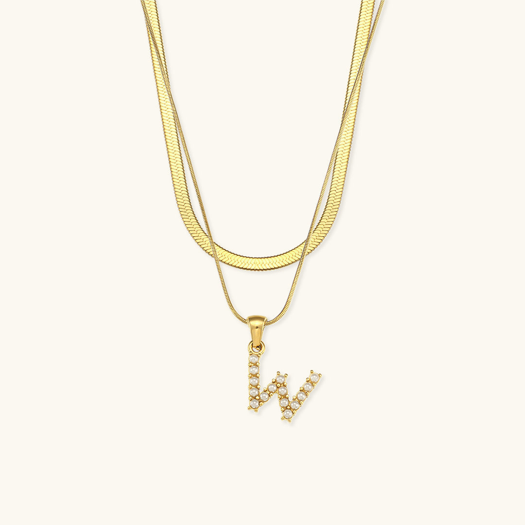 Layered Initial Letter Necklace | 18k Gold with Freshwater Pearls 9