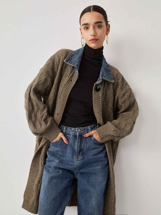 Long Cardigan | Elegant Diamond Stitch Knit with High Stretch 0