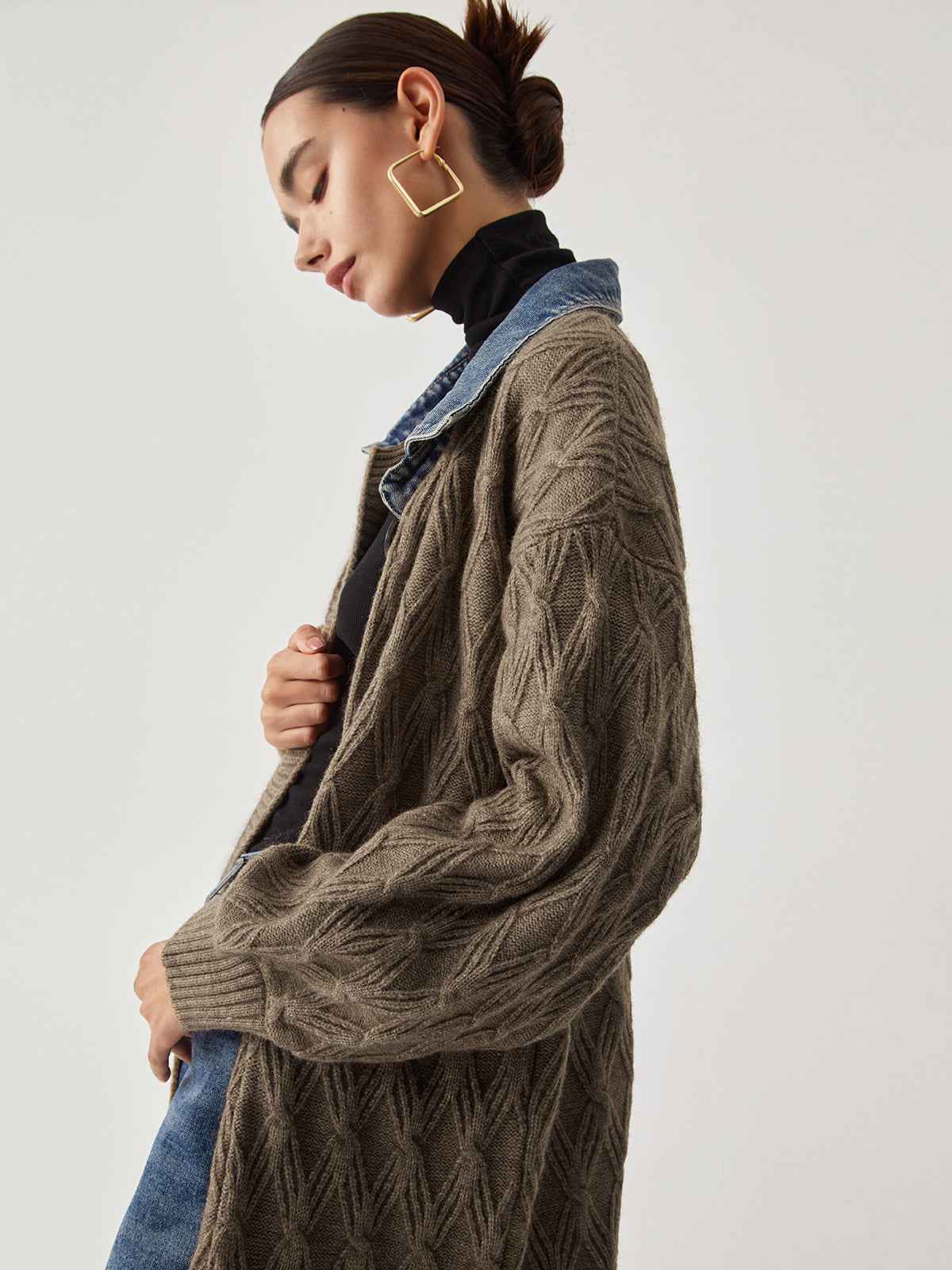 Long Cardigan | Elegant Diamond Stitch Knit with High Stretch 1