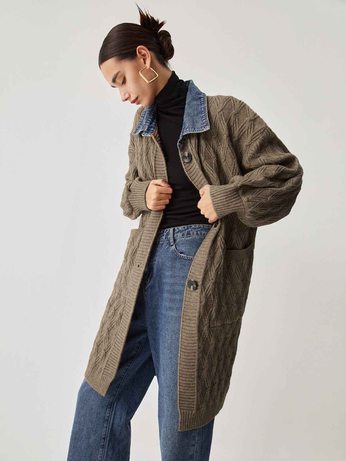 Long Cardigan | Elegant Diamond Stitch Knit with High Stretch 2