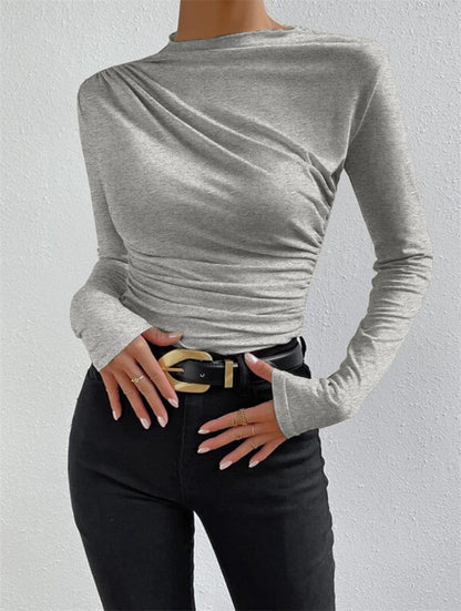 Long Sleeve Pleated Shirt | High Stretch Jersey with Mock Neck Design 0