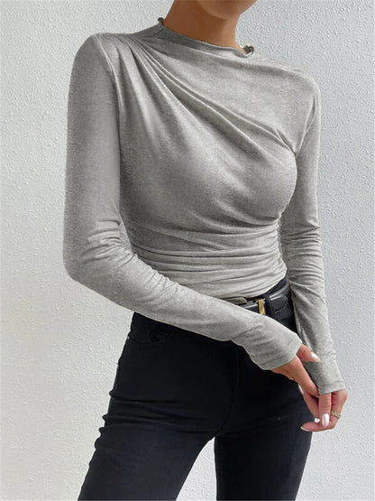 Long Sleeve Pleated Shirt | High Stretch Jersey with Mock Neck Design 1