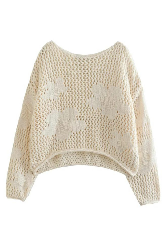 Loose Knit Flower Sweater | Cropped Relaxed Fit in Metallic Acrylic Cotton 0