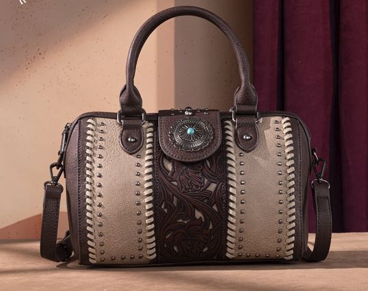Rustic Charm Tooled Barrel Satchel & Crossbody Purse