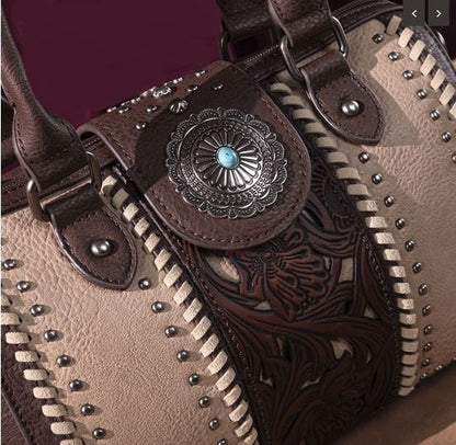 Rustic Charm Tooled Barrel Satchel & Crossbody Purse