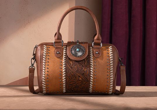 Rustic Charm Tooled Barrel Satchel & Crossbody Purse