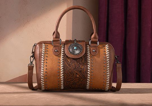 Rustic Charm Tooled Barrel Satchel & Crossbody Purse