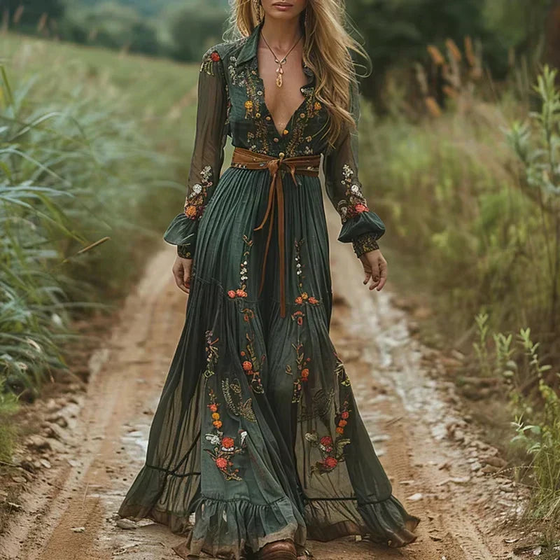 Maxi Dress | Boho Floral Print with Flowing Fit and Long Sleeves 0