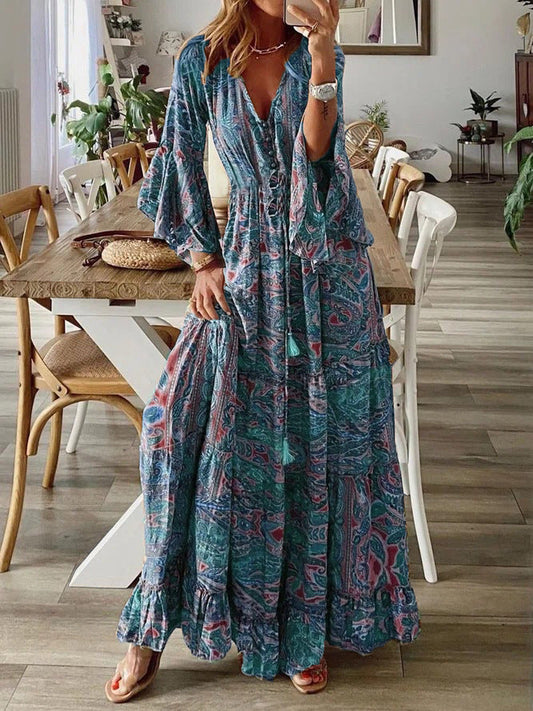 Maxi Dress | Deep V-Neck with Button Front and Boho Ruffle Hem 0