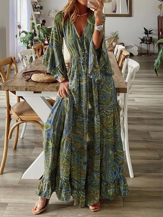 Maxi Dress | Deep V-Neck with Button Front and Boho Ruffle Hem 1
