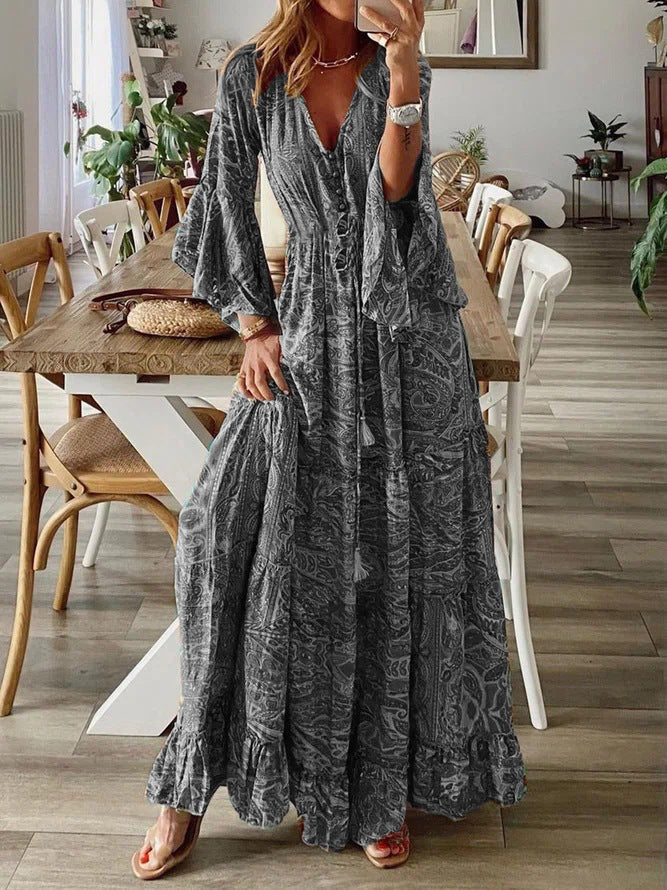 Maxi Dress | Deep V-Neck with Button Front and Boho Ruffle Hem 2
