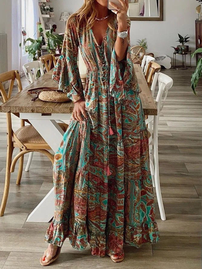 Maxi Dress | Deep V-Neck with Button Front and Boho Ruffle Hem 3
