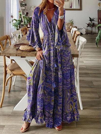 Maxi Dress | Deep V-Neck with Button Front and Boho Ruffle Hem 4