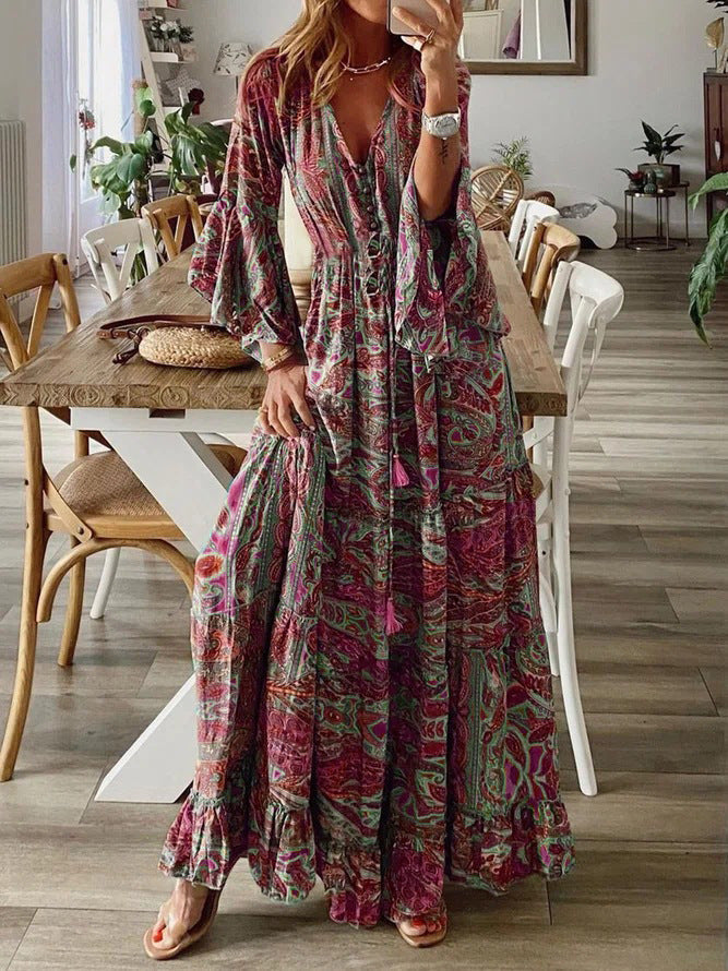 Maxi Dress | Deep V-Neck with Button Front and Boho Ruffle Hem 5