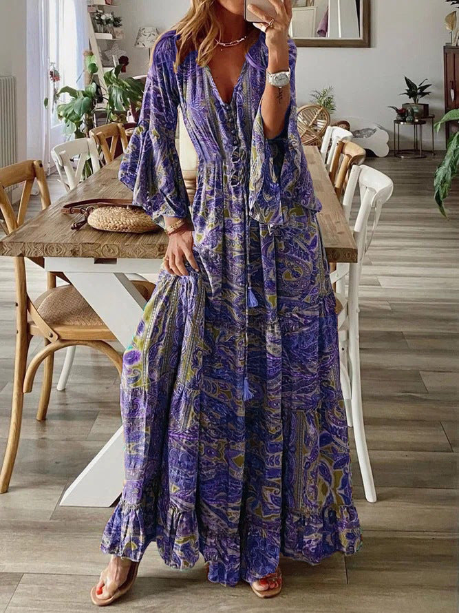 Maxi Dress | Deep V-Neck with Button Front and Boho Ruffle Hem 7