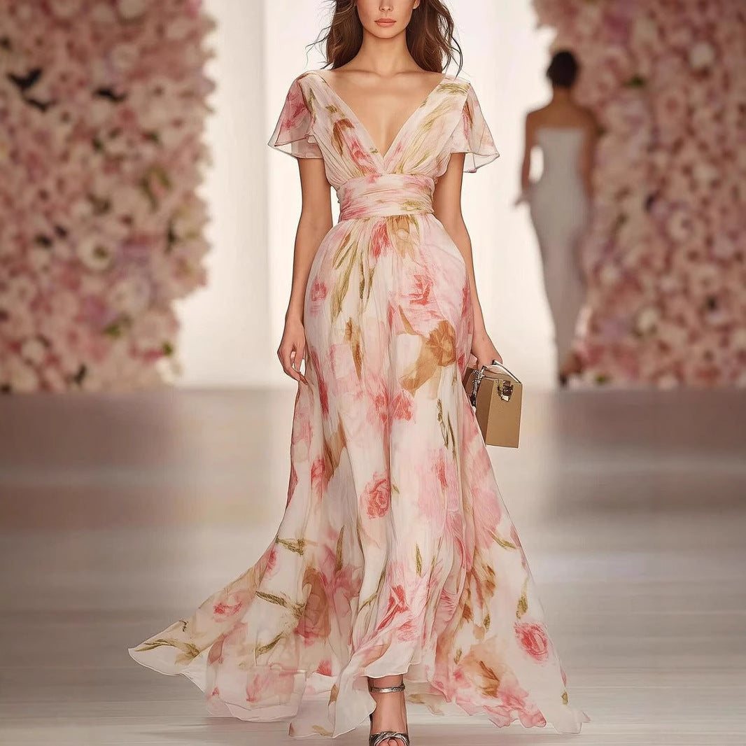 Maxi Dress | Fit and Flare Floral Gown with Deep V-Neck and Flutter Sleeves 0