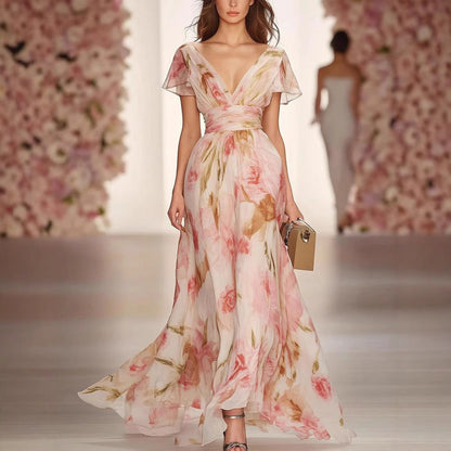 Maxi Dress | Fit and Flare Floral Gown with Deep V-Neck and Flutter Sleeves 0