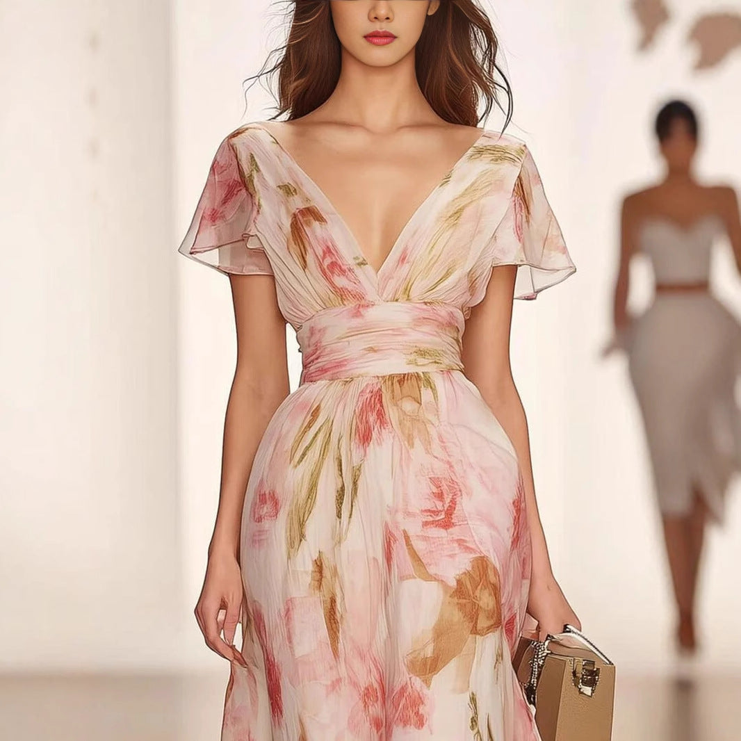 Maxi Dress | Fit and Flare Floral Gown with Deep V-Neck and Flutter Sleeves 1