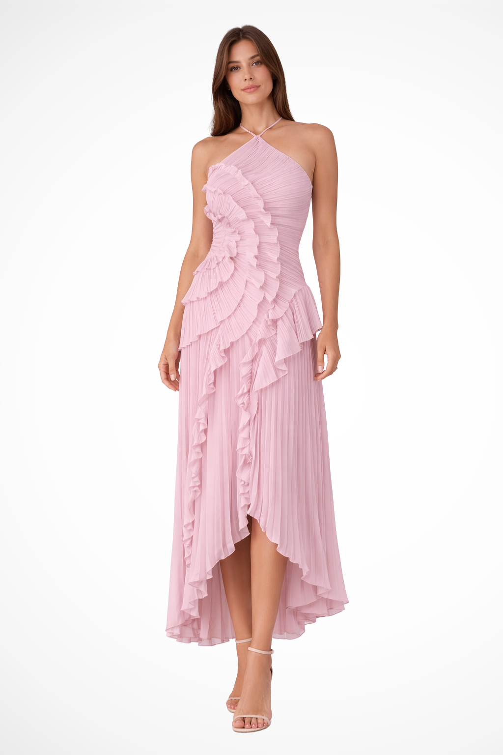 Maxi Dress | Pleated Fabric with Ruffled Halter Design 0