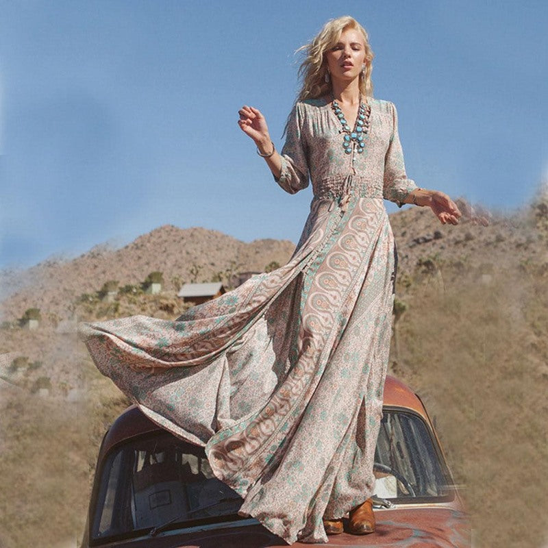Maxi Dress for Women | Boho Style Cotton Blend with V-Neck and 3/4 Sleeves 0