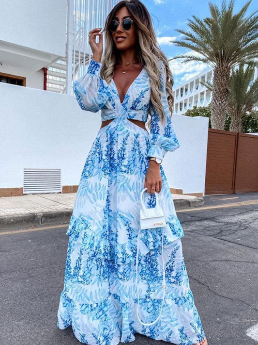 Maxi Dress for Women | V-Neck with Waist Cut-Out and Puff Sleeves 0