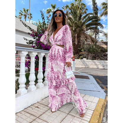 Maxi Dress for Women | V-Neck with Waist Cut-Out and Puff Sleeves 1