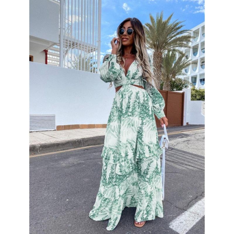 Maxi Dress for Women | V-Neck with Waist Cut-Out and Puff Sleeves 2