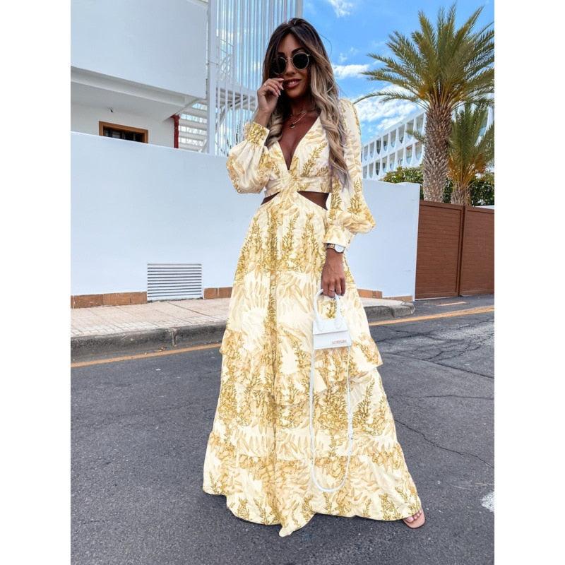Maxi Dress for Women | V-Neck with Waist Cut-Out and Puff Sleeves 3