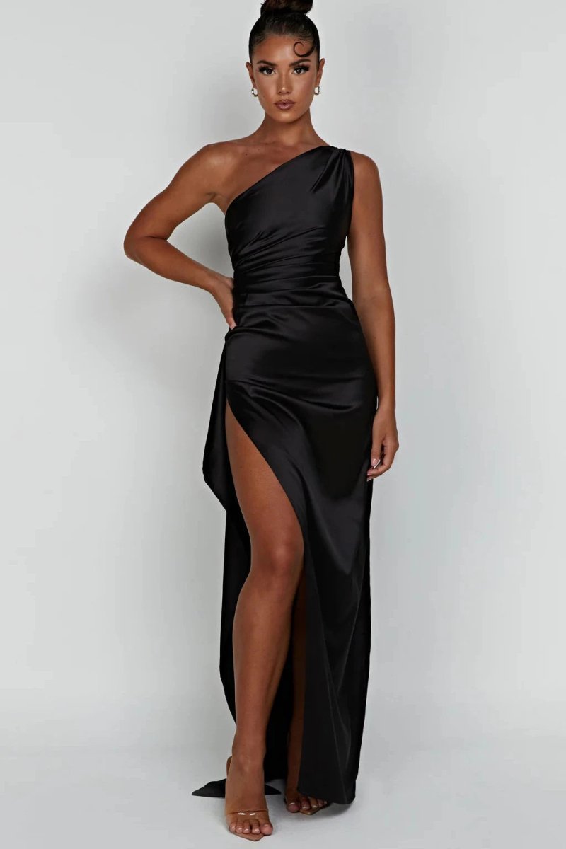 Maxi Gown | Elegant One-Shoulder Design with Thigh-High Split for Wedding Guest Dresses 0