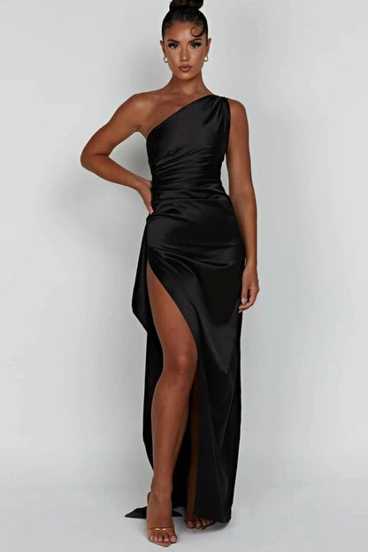 Maxi Gown | Elegant One-Shoulder Design with Thigh-High Split for Wedding Guest Dresses 0