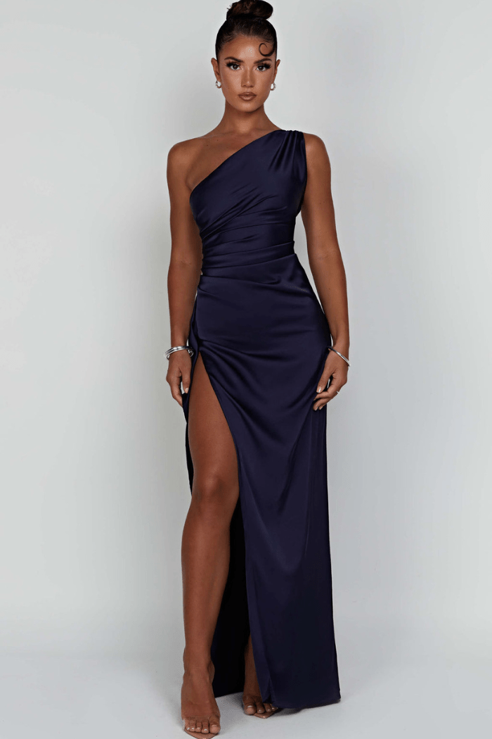 Maxi Gown | Elegant One-Shoulder Design with Thigh-High Split for Wedding Guest Dresses 8