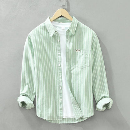 Men's Dress Shirt | Relaxed Fit Linen Blend with Vertical Stripes 0