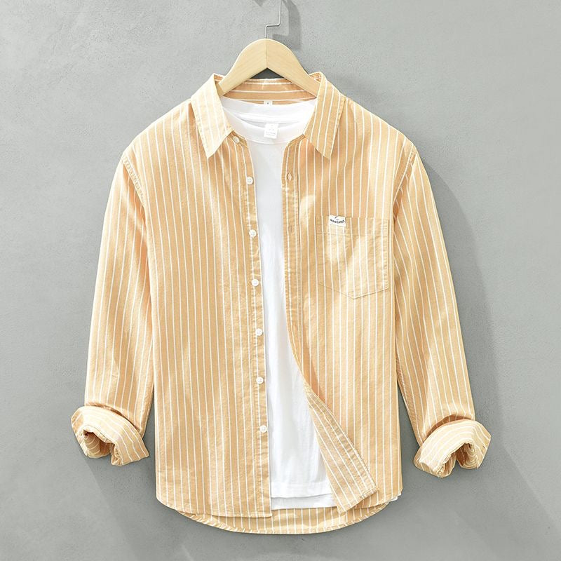 Men's Dress Shirt | Relaxed Fit Linen Blend with Vertical Stripes 1
