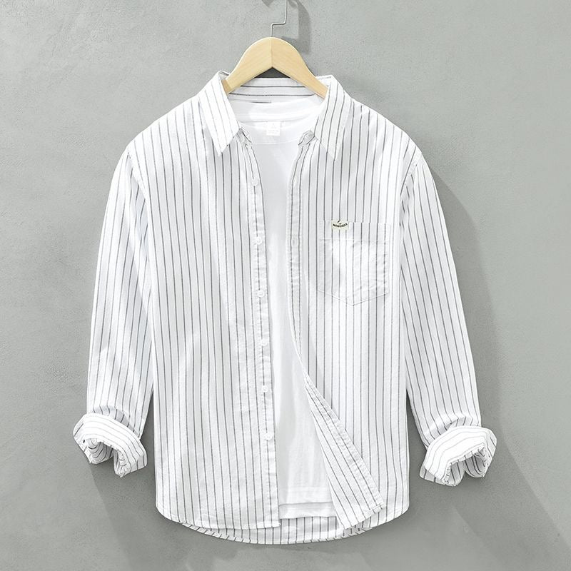 Men's Dress Shirt | Relaxed Fit Linen Blend with Vertical Stripes 2