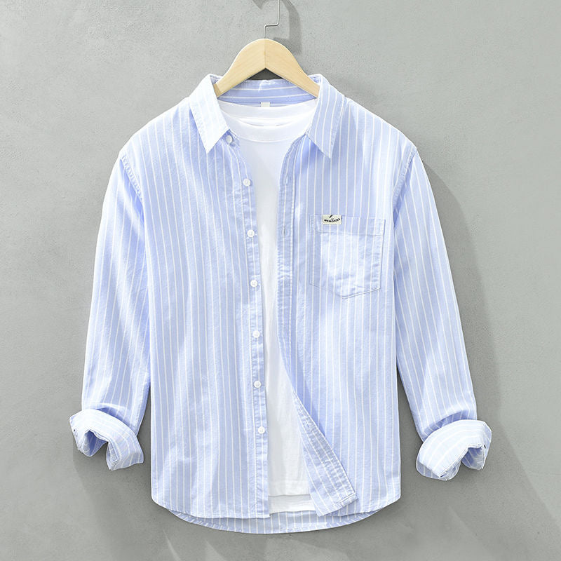 Men's Dress Shirt | Relaxed Fit Linen Blend with Vertical Stripes 4