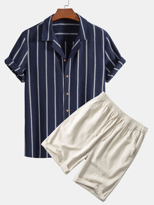Men's Matching Shirt and Shorts Set | Lightweight Breathable Fabric with Classic Stripes 0