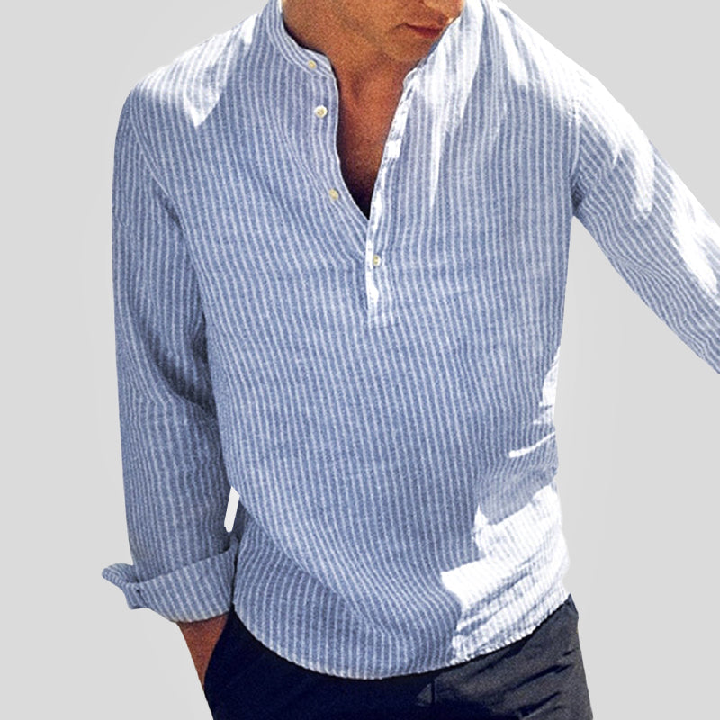 Men's Striped Henley Shirt, Cotton Linen Blend, Long Sleeve Casual Top for Spring and Autumn 0