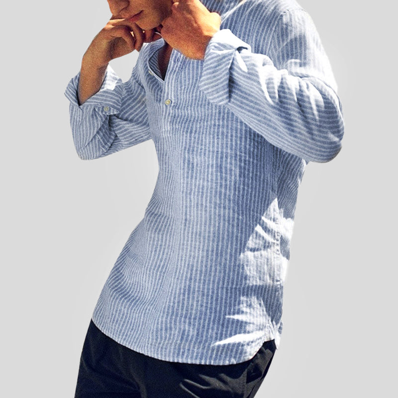 Men's Striped Henley Shirt, Cotton Linen Blend, Long Sleeve Casual Top for Spring and Autumn 1