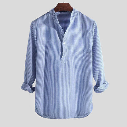 Men's Striped Henley Shirt, Cotton Linen Blend, Long Sleeve Casual Top for Spring and Autumn 2