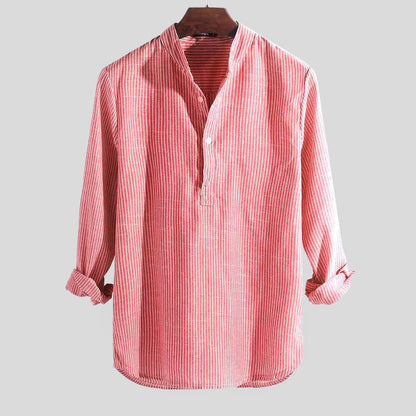 Men's Striped Henley Shirt, Cotton Linen Blend, Long Sleeve Casual Top for Spring and Autumn 3