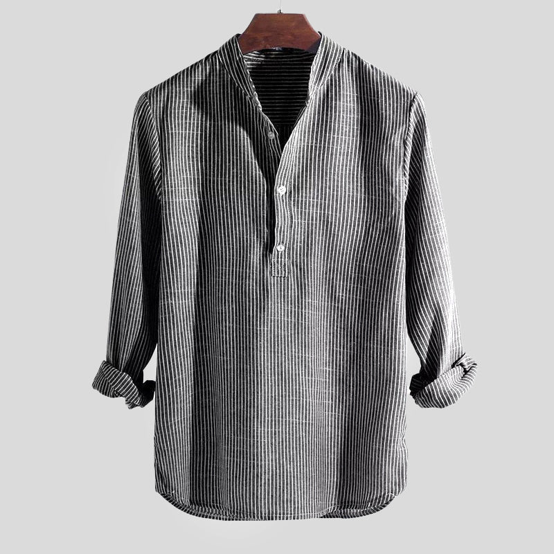 Men's Striped Henley Shirt, Cotton Linen Blend, Long Sleeve Casual Top for Spring and Autumn 4
