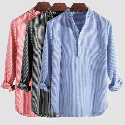 Men's Striped Henley Shirt, Cotton Linen Blend, Long Sleeve Casual Top for Spring and Autumn 5