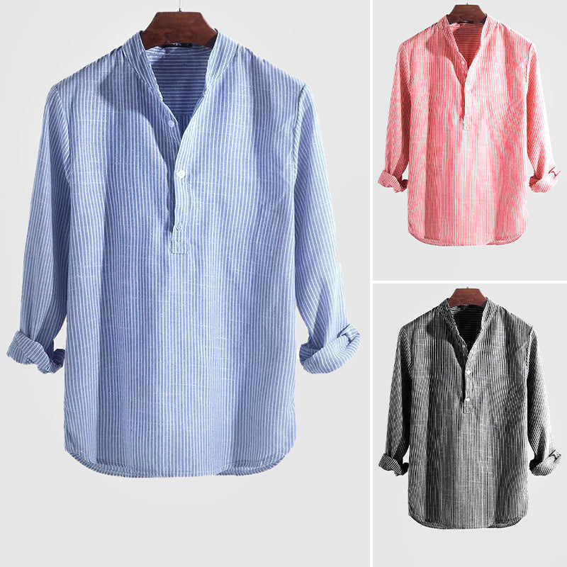 Men's Striped Henley Shirt, Cotton Linen Blend, Long Sleeve Casual Top for Spring and Autumn 6