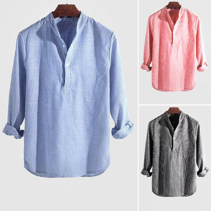 Men's Striped Henley Shirt, Cotton Linen Blend, Long Sleeve Casual Top for Spring and Autumn 6