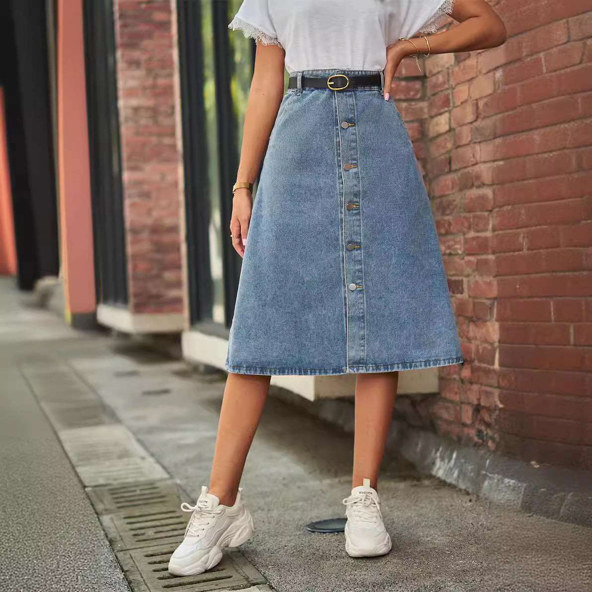 Midi Denim Skirt | High Waist A-Line with Button Front Design 0