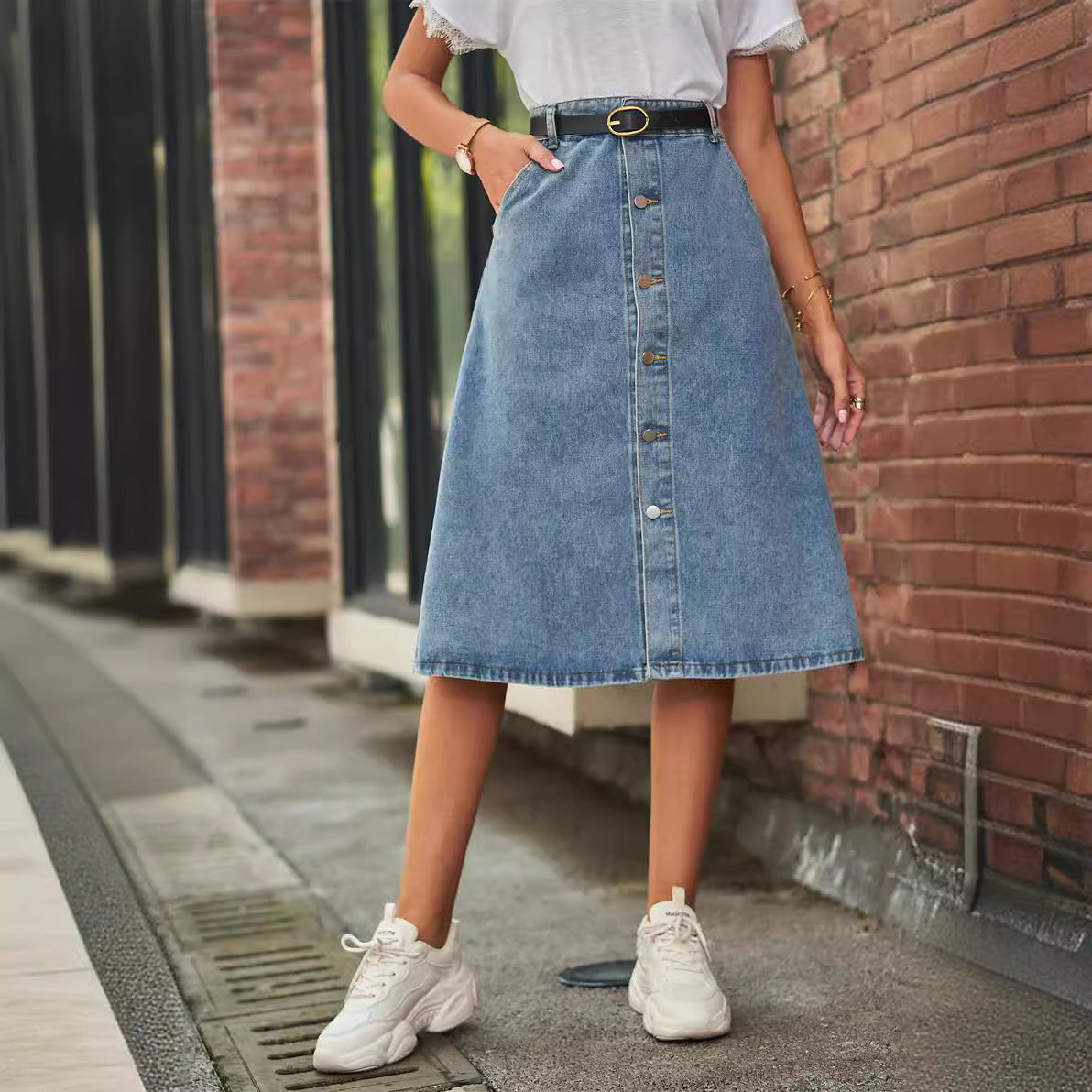 Midi Denim Skirt | High Waist A-Line with Button Front Design 1